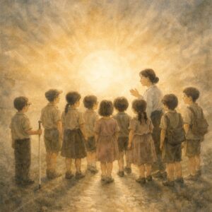 夕暮れの光の中、教師と8人の子どもたちが立っている。共に「光の方向」へ進もうとする瞬間を描いている。